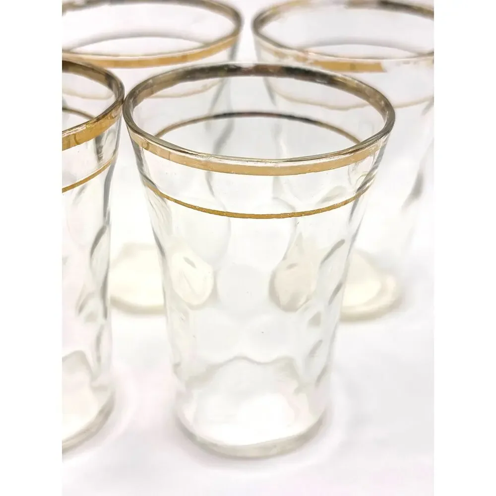 Vintage 1950s Small Liquor Glasses Thumb Print Honey Comb Gold Banded Set of (6)